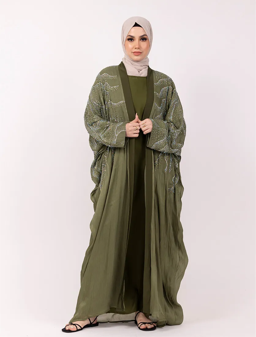 Olive Crystal Embellished Sheer Overlay Abaya